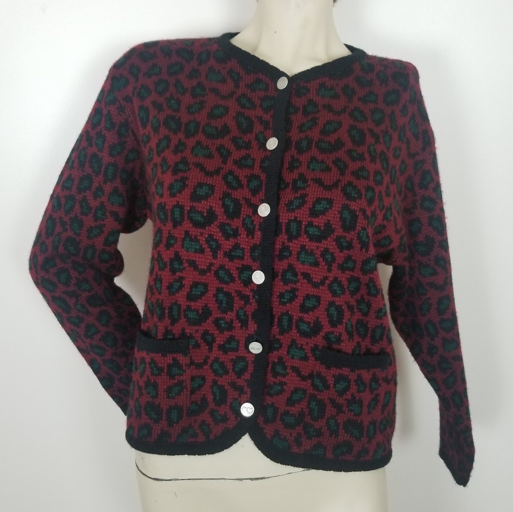 Vintage leopard print cardigan, red, green black